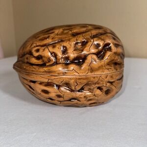 Vintage 1976 Signed Ceramic Walnut Trinket Box Lidded Nut Dish Hand Painted 70s